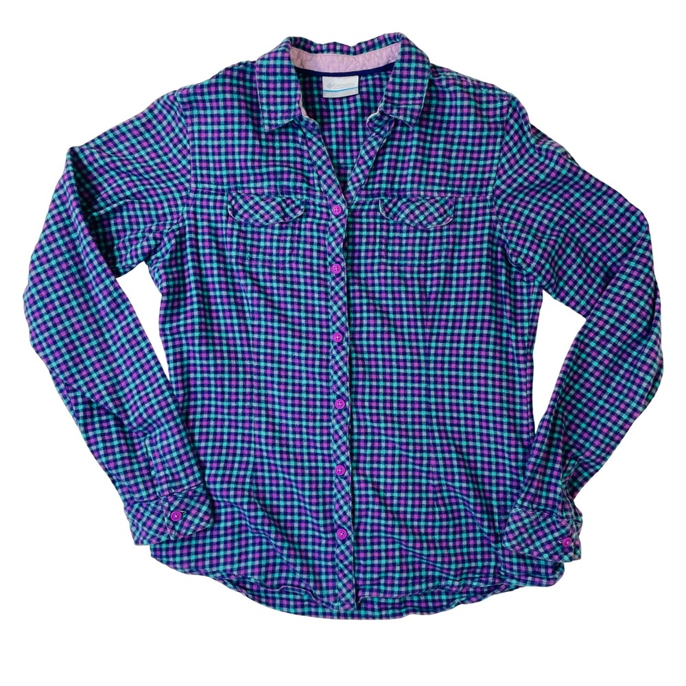 Columbia Womens Plaid Flannel Shirt Purple Teal Button Down Long Sleeve Small